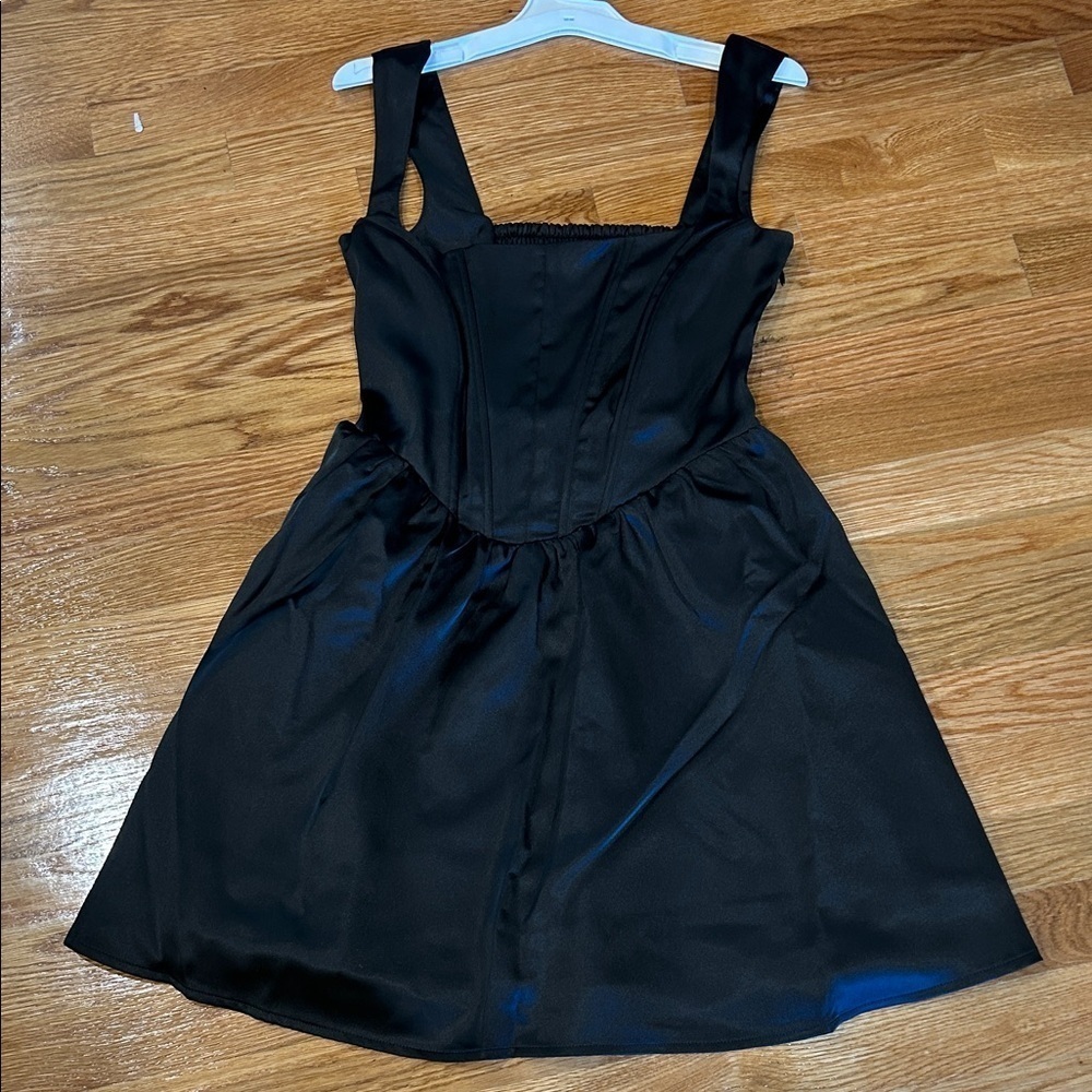 Black satin fit and flare boned bodice mini dress small new with tags